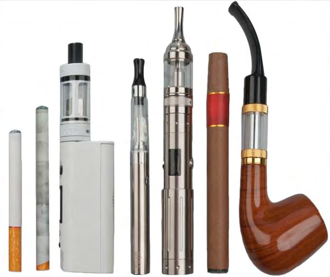 Various types of e-cigarettes, including a disposable e-cigarette, a rechargeable e-cigarette, a medium-size tank device, large-size tank devices, an e-cigar, and an e-pipe.